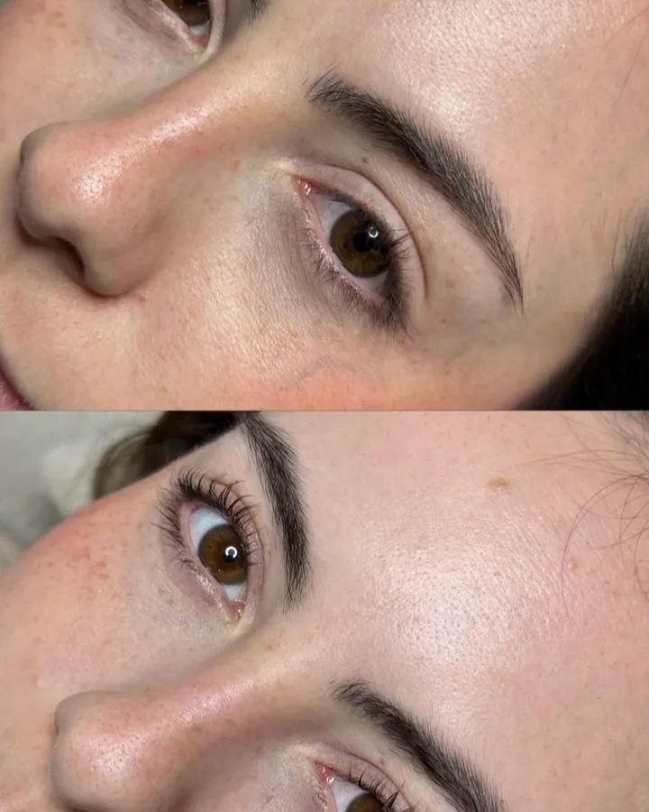 Antes e depois de lash lifting com cílios curvados